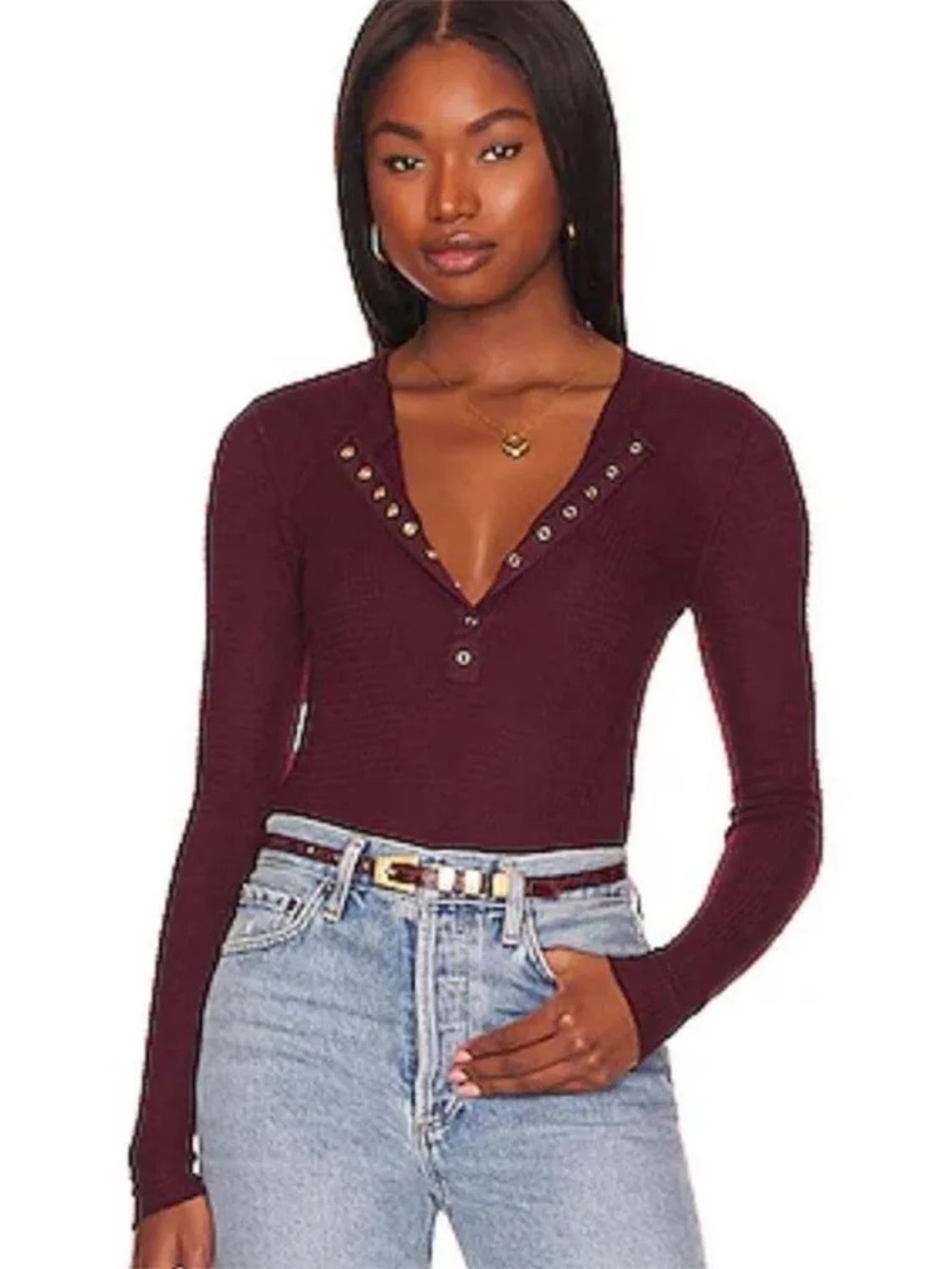 Free People Ribbed Long-Sleeve Henley in Burgundy Red Small